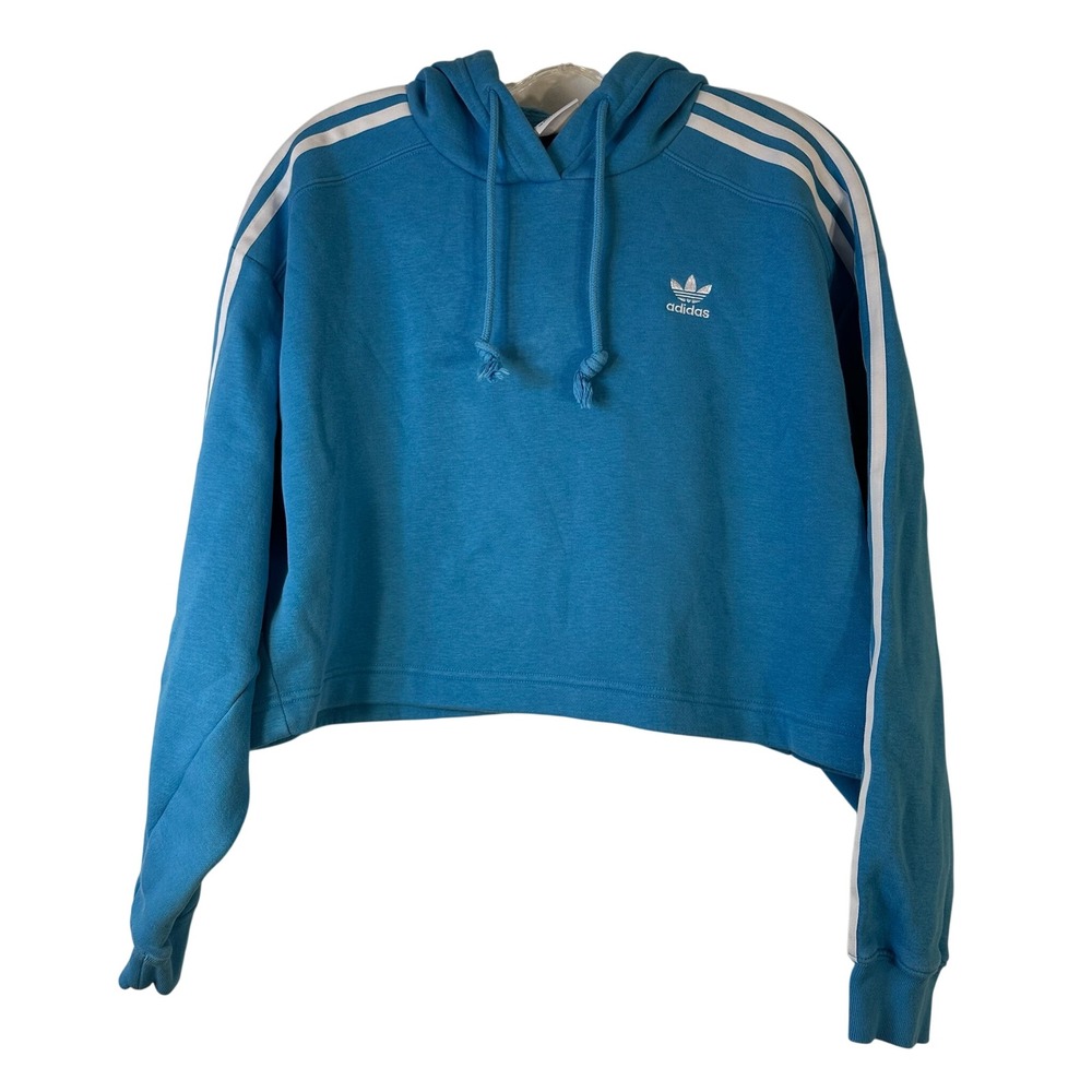 Adidas Originals Womens Blue Cropped Hoodie Trefoil 3-Stripe Fleece Small